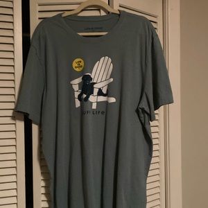 Life Is Good tee with dog in chair print.